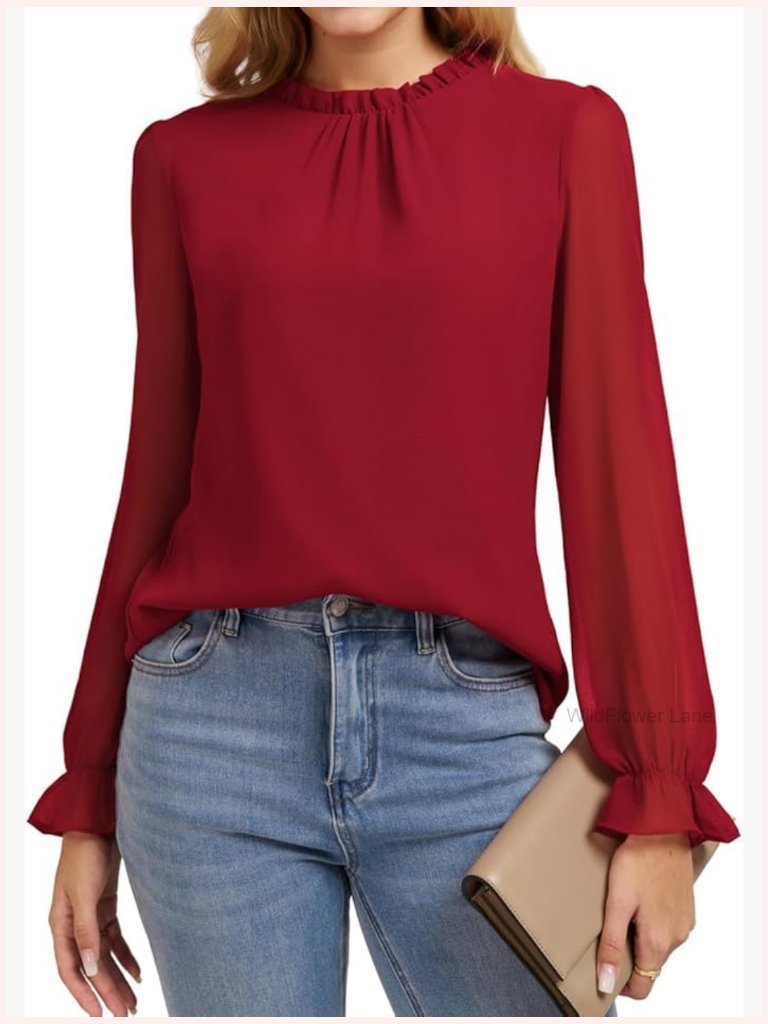 Womens Long Sleeve Mock Neck Ruffle Chiffon Blouse Dressy Casual Top